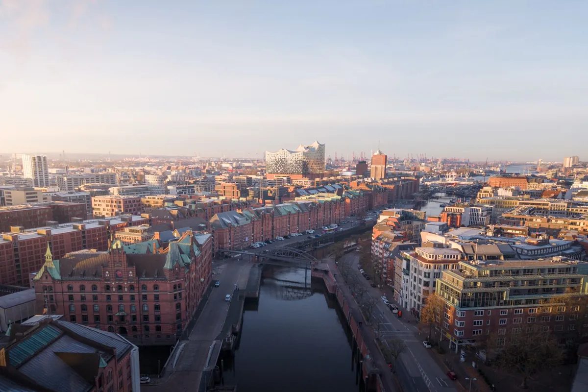 Luftbild der Hamburger Speicherstadt