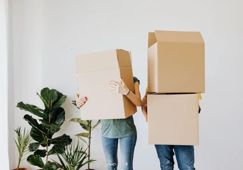 Zwei Umzugshelfer tragen Kartons durch eine helle Wohnung